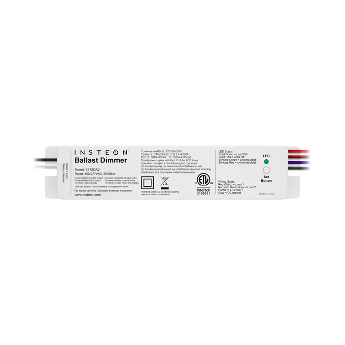 A white Insteon 0-10V Ballast Dimmer device with cables and connection points visible.