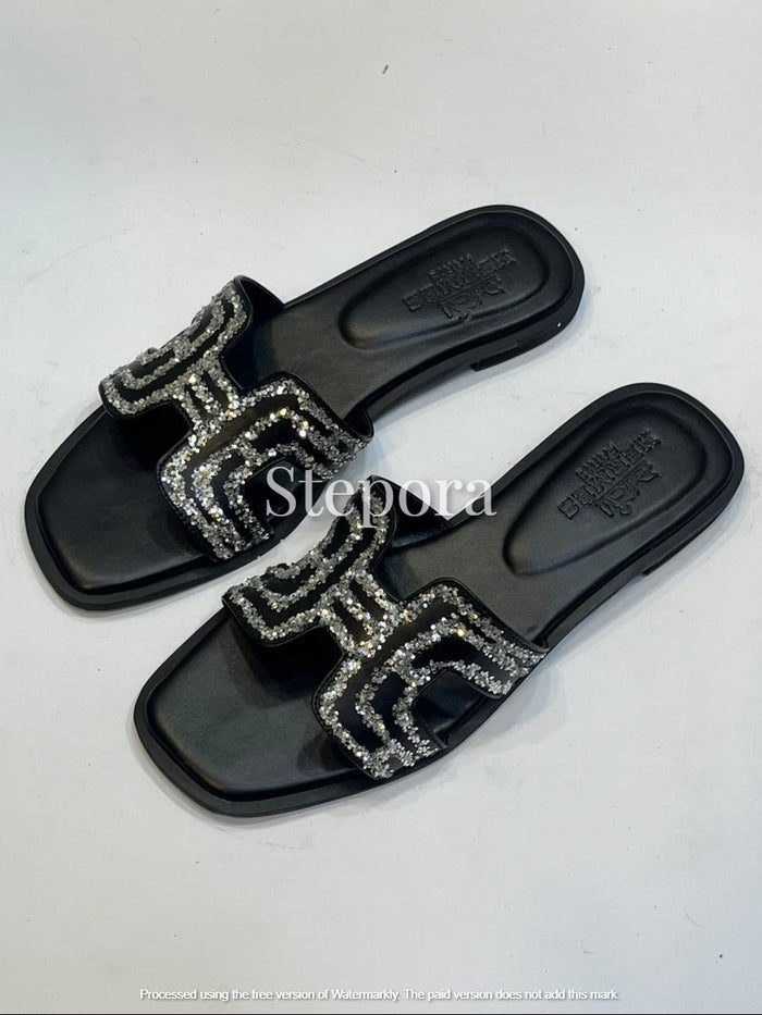 3D Stone-Encrusted Monogram Leather Flat Slides