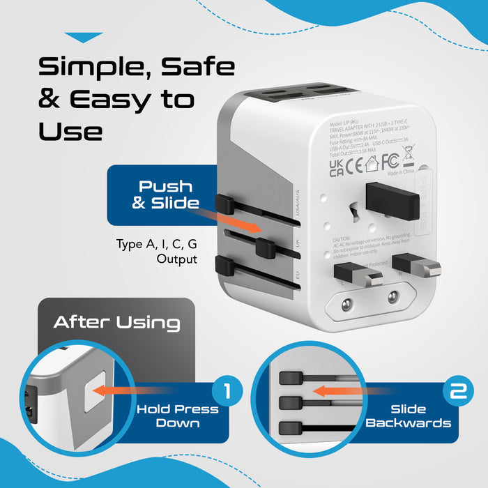 5 in 1 Universal Travel Adapter - 2 USB-A + USB-C - Max. 17.5W (3.5A) - White (UP-9KU)