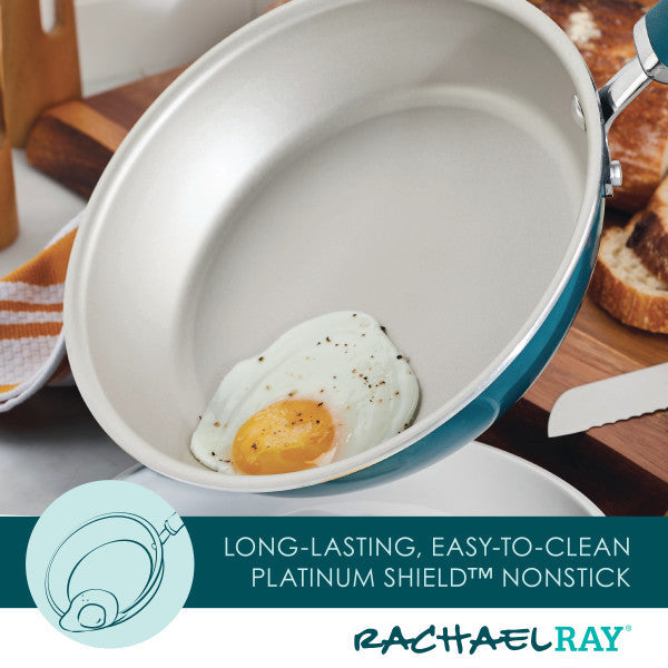 A fried egg slides easily in the 8-Piece Stacking Nonstick Induction Cookware Set.