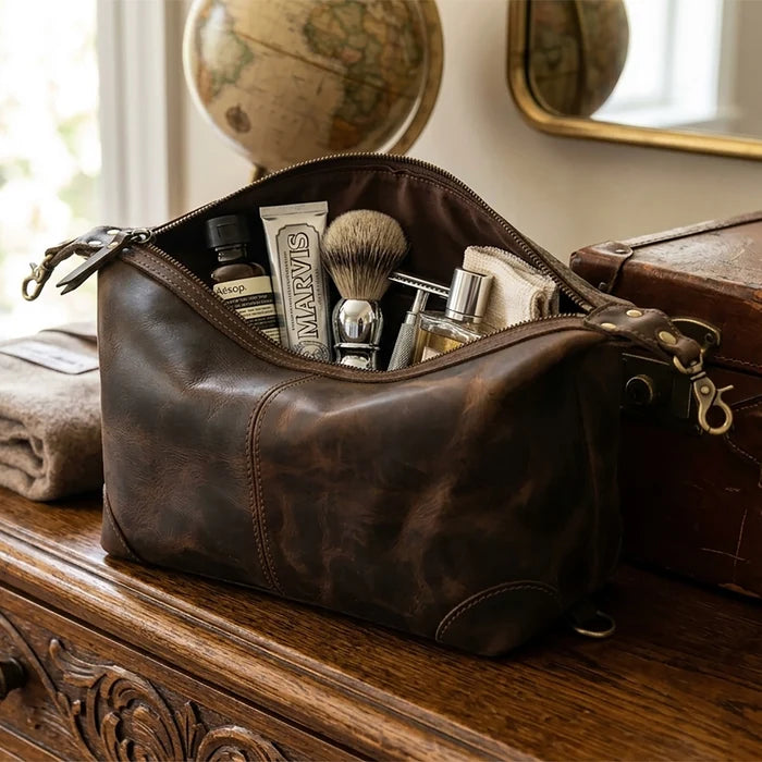 Avery Leather Toiletry Bag - Premium Travel Shaving Dopp Kit