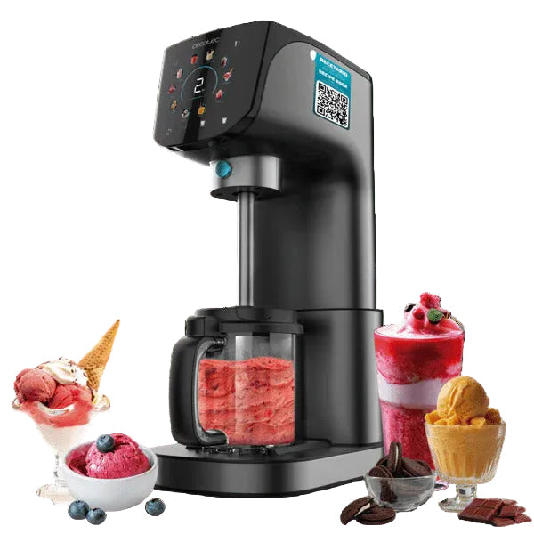 Ice cream maker with ingredients and finished ice cream products on a white background