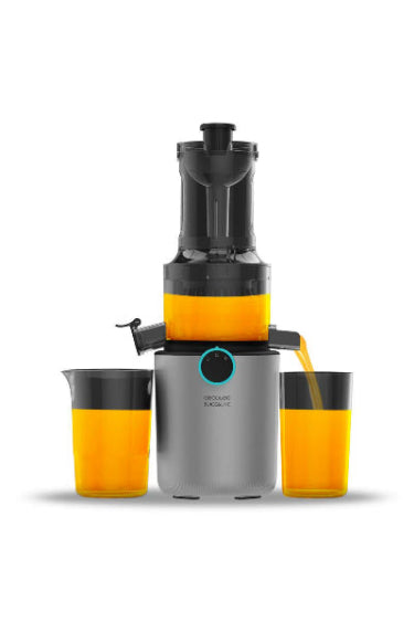 Black and silver juicer with two cups on a white background