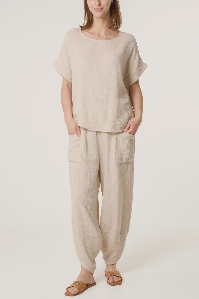 Cheesecloth Top & Barrel Leg Trouser Set - Stone