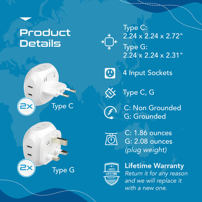 Europe Travel Adapter Set- 4 in 1 - Ultra Compact - Light Weight - 4 Pack (PT-9C-7-4PK)