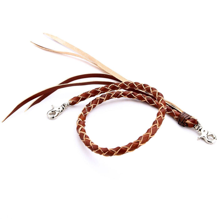 A view of the 25-inch light brown leather wallet lanyard with tassels and lobster clasps.