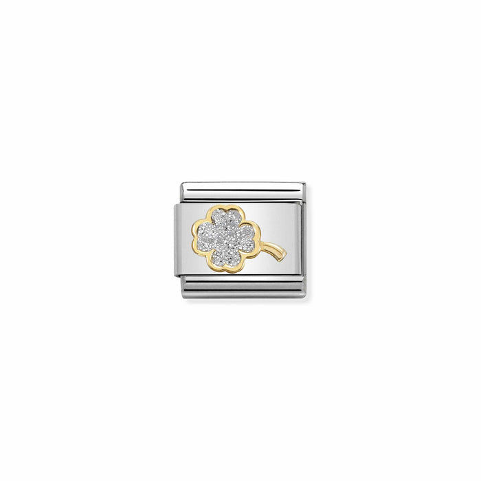 Nomination Classic Link Glitter Gold Charm - Silver Four Leaf Clover