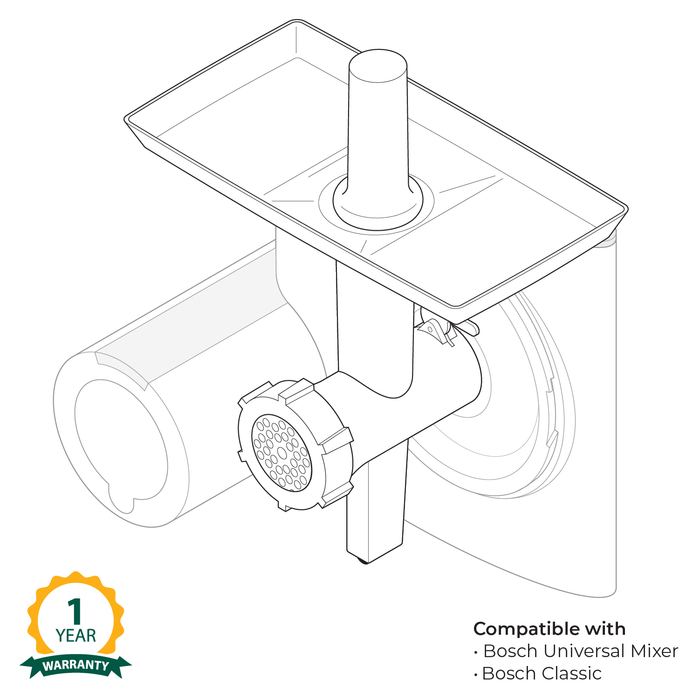 Technical illustration of the Bosch meat grinder attachment with warranty information