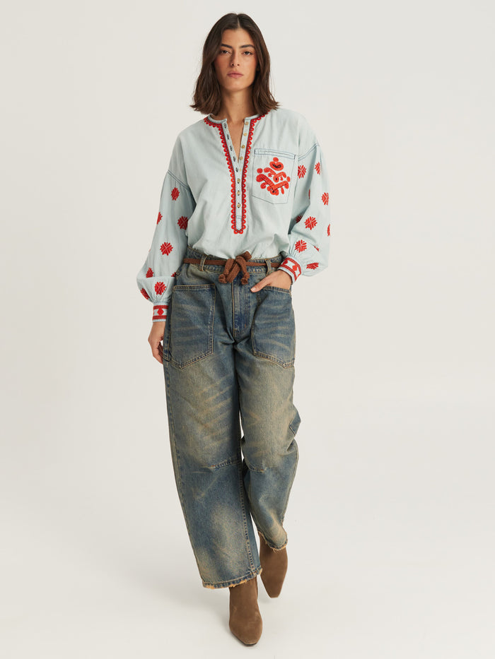 Robi Mid Blue Embroidered Denim Blouse