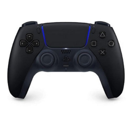 A PlayStation 5 DualSense wireless controller in matte black with a glowing blue light accent along the touchpad, shown from a front-facing perspective on a white background.