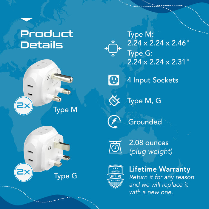 South Africa Travel Adapter Set - 4 in 1 - Ultra Compact - Light Weight - 4 Pack (PT-7-10L-4PK)