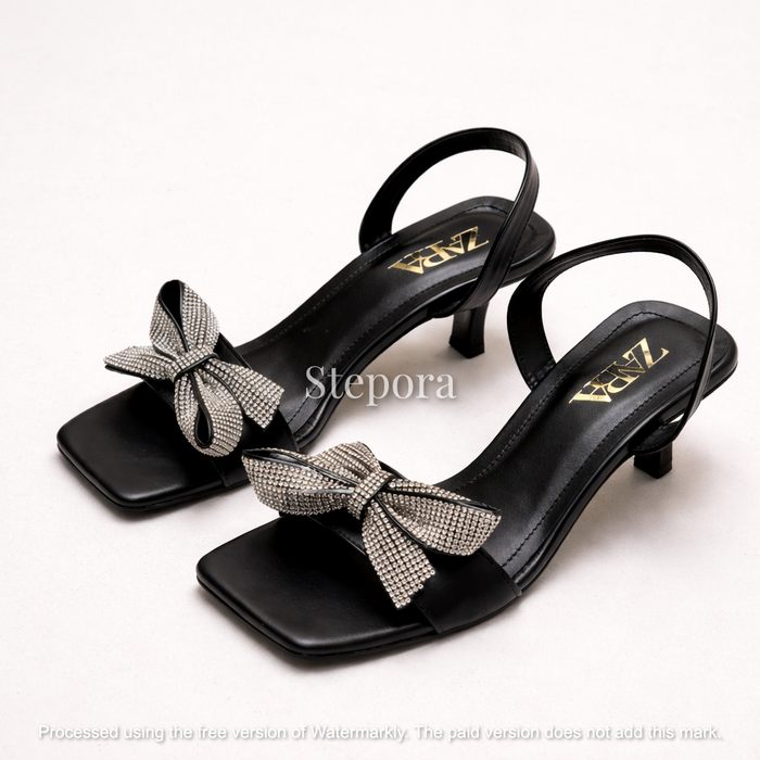 Sparkling Crystal Bow Square Toe Kitten Heels