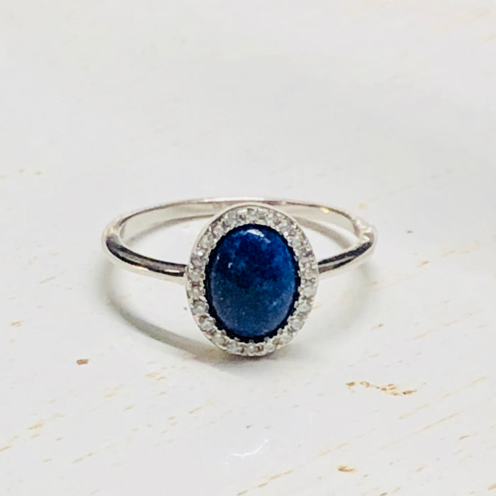 Sterling Silver Oval Lapis and CZ Halo Ring