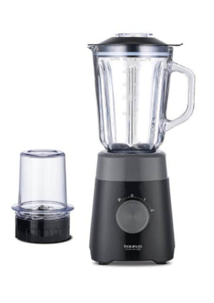 Black blender with clear container on a white background