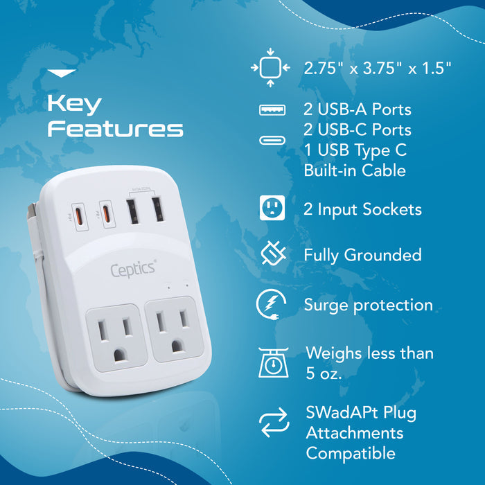 World-Way 6 Travel Adapter Kit | 2 USB-A + 2 USB-C + 1 USB-C Cable + 2 US Outlets - Grounded (WPS-5B)
