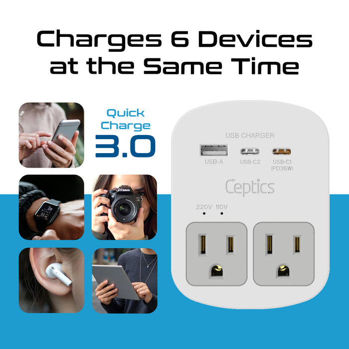 World-Way Travel Adapter Kit | 1 USB-A, 1 USB-C and 1 PD 35W USB-C port and cable + 2 US Outlets - Grounded (WPS-3C)