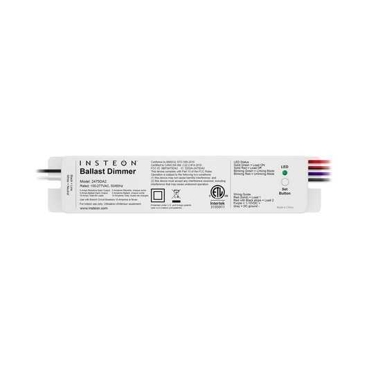 A white Insteon 0-10V Ballast Dimmer device with cables and connection points visible.