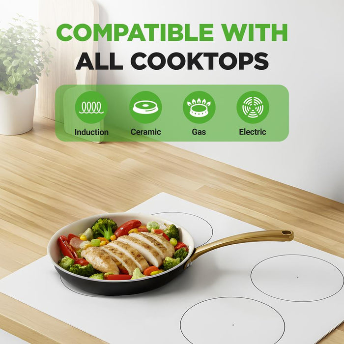 10" Non-Stick Frying Pan, Even Heat, Ceramic Coating, Golden Handle