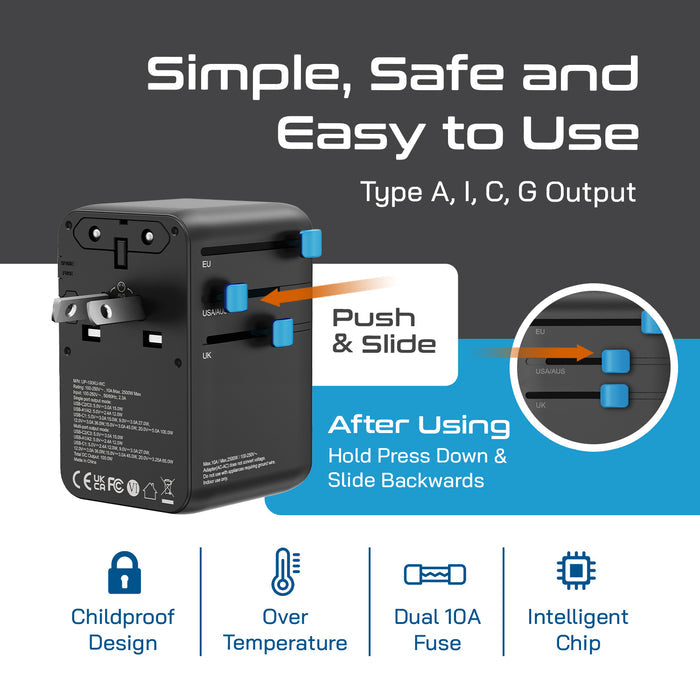 100W Universal Travel Adapter - 2 USB-C, 2 USB-A + 1 GaN 3.0 retractable cable - (UP-100KU-WC)
