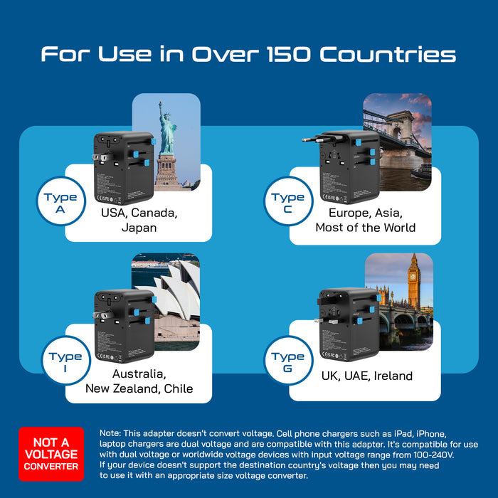 100W Universal Travel Adapter - 2 USB-C, 2 USB-A + 1 GaN 3.0 retractable cable - (UP-100KU-WC)