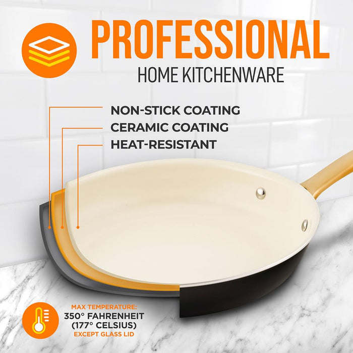 12" Non-Stick Frying Pan, Even Heat, Ceramic Coating, Golden Handle