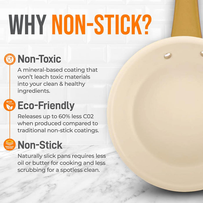 12" Non-Stick Frying Pan, Even Heat, Ceramic Coating, Golden Handle