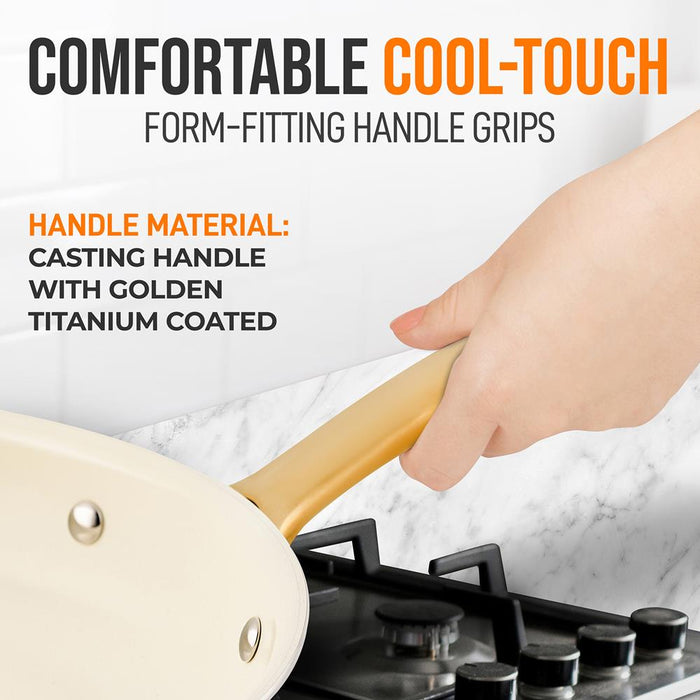 12" Non-Stick Frying Pan, Even Heat, Ceramic Coating, Golden Handle