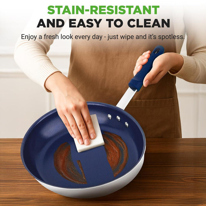 12" Nonstick Fry Pan with Lid - Even Heat Ceramic Coating, Blue Handle