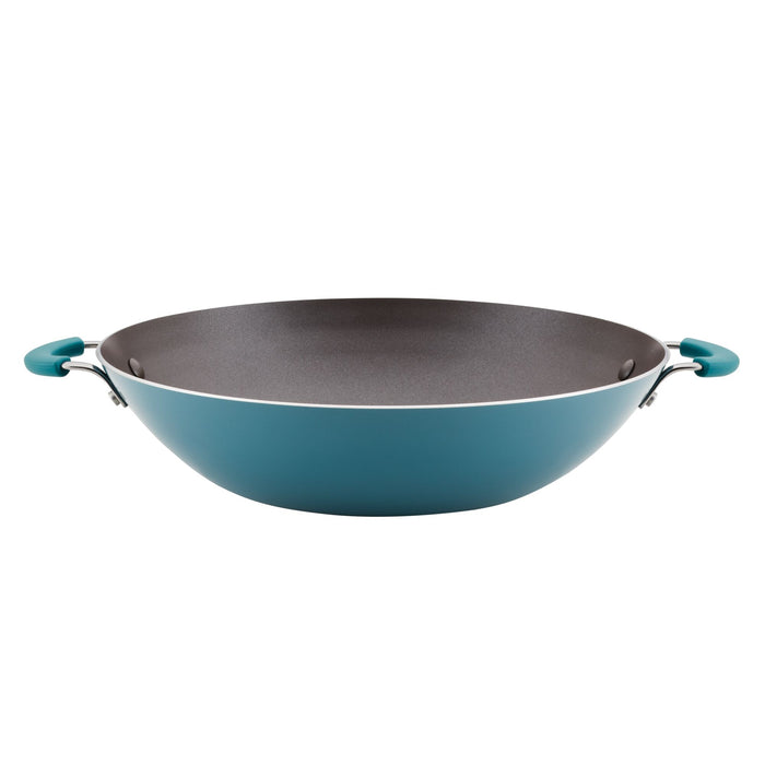 This teal 14-Inch Cook + Create Nonstick Wok features scratch-resistant material and two side handles, elegantly displayed against a white background.