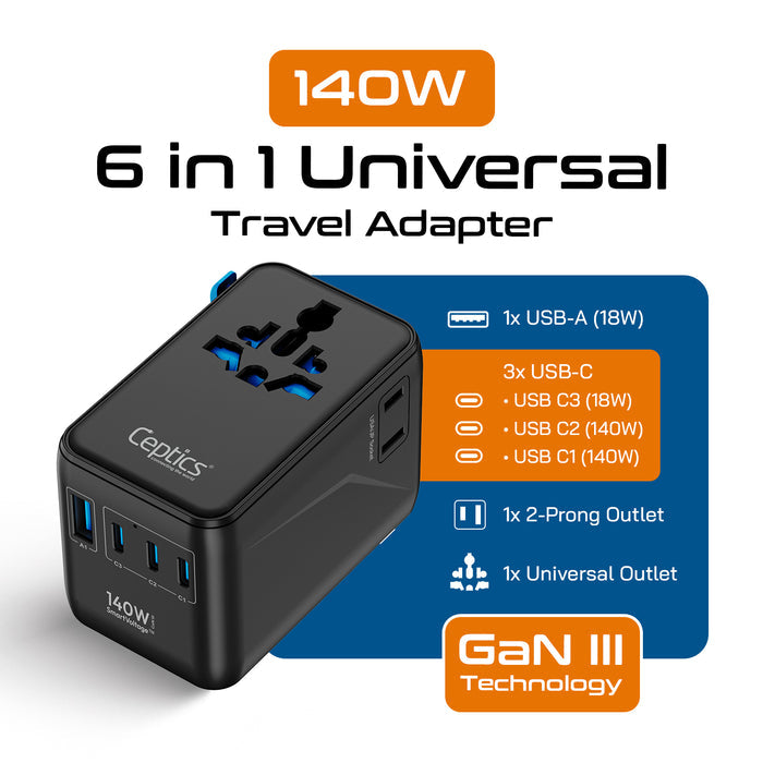 140W Universal Travel Adapter - 3 USB-C, 1 USB-A, Universal and USA/JP socket - (UP-140KU)