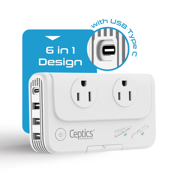 200W Step Down Converter – 2x outlets & 3 USB-A + 1 USB-C – AC 220-240V to 110V-120V Travel Voltage Converter - (PU-200X)