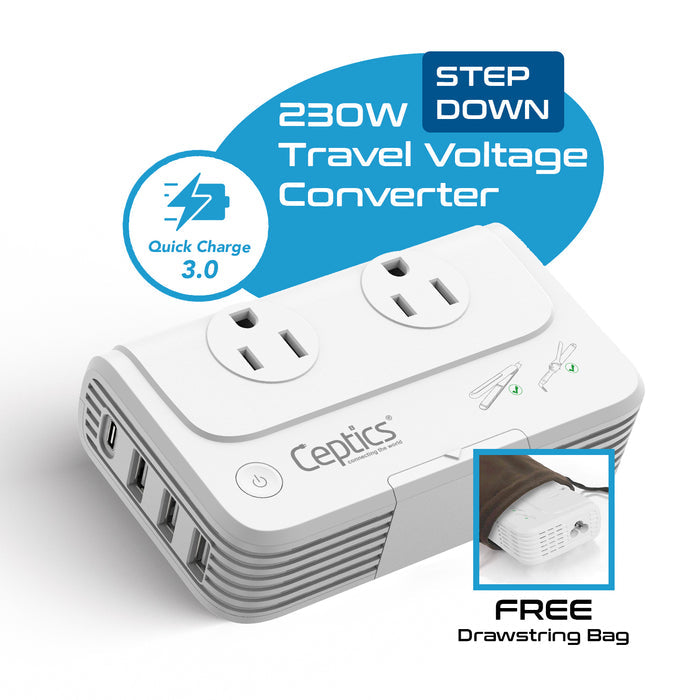 200W Step Down Converter – 2x outlets & 3 USB-A + 1 USB-C – AC 220-240V to 110V-120V Travel Voltage Converter - (PU-200X)