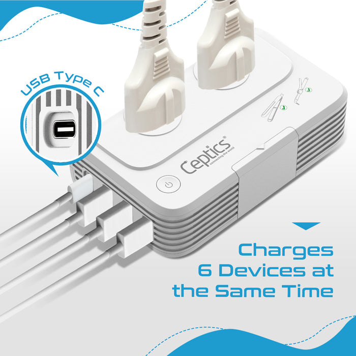 200W Step Down Converter – 2x outlets & 3 USB-A + 1 USB-C – AC 220-240V to 110V-120V Travel Voltage Converter - (PU-200X)