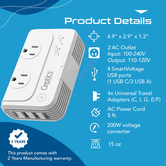 200W Step Down Converter – 2x outlets & 3 USB-A + 1 USB-C – AC 220-240V to 110V-120V Travel Voltage Converter - (PU-200X)
