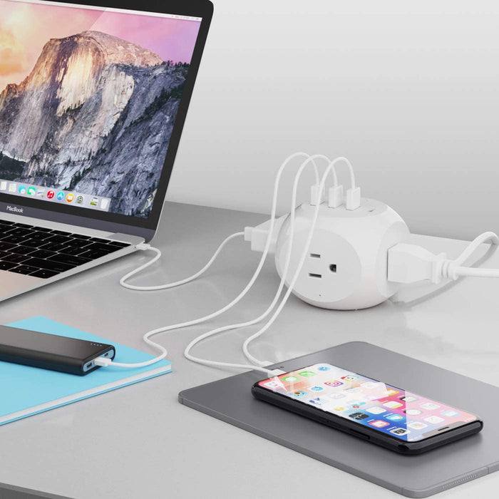 21W Power Strip - Small & Compact - Grounded Dual USB + USB-C - 3 USA Input (PS-3B-4U-21W)