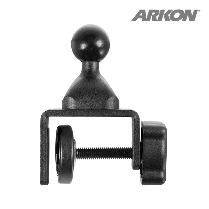 The 25mm Swivel Ball to C-Clamp Mounting Pedestal, shown in black with the brand logo at the top right, features a C-clamp design for mounting to flat surfaces.