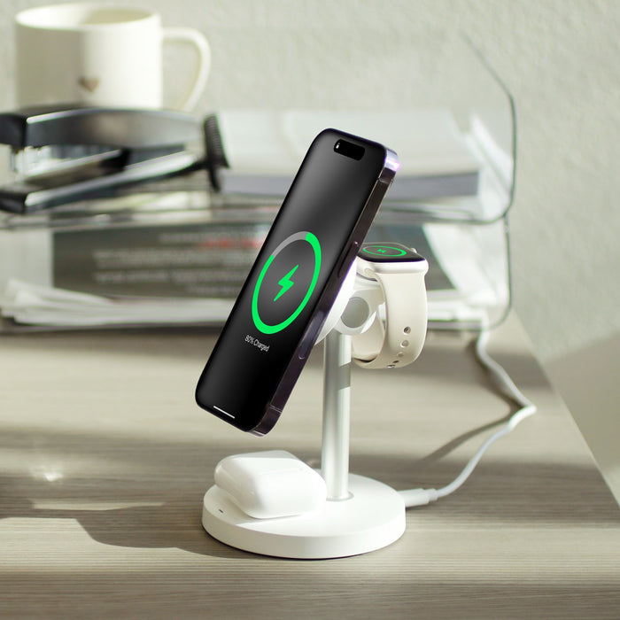 aluratek 3-in-1 qi2 magsafe wireless 15w charging stand lifestyle white desk1