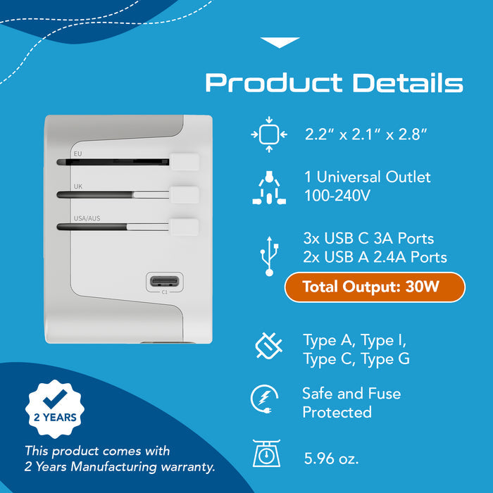 30W 6 in 1 Universal Travel Adapter - 2 USB-A + 3 USB-C - Max. 30W (6A) - White (UP-30KU-WH)