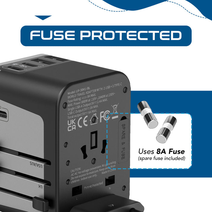 30W 6 in 1 Universal Travel Adapter - 2 USB-A + 3 USB-C - Max. 30W (6A) (UP-30KU-BL)