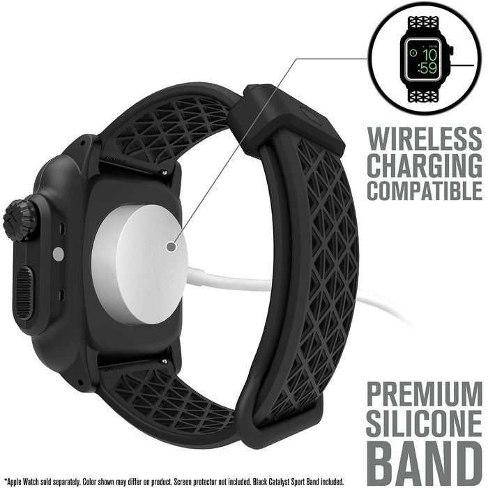 catalyst apple watch series 3 42mm waterproof case sport band showing wireless charging compatibility and premium silicone band text reads wireless charging compatible premium silicone band