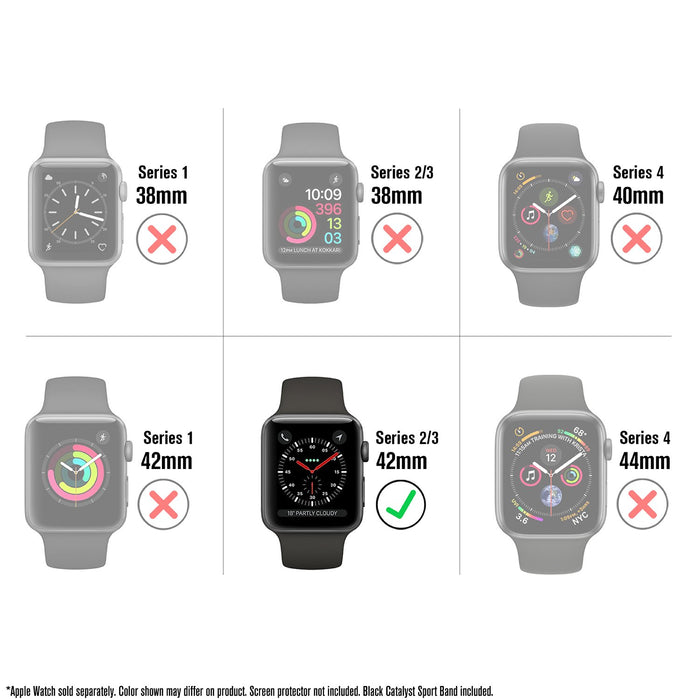 catalyst apple watch series 3 42mm waterproof case sport band showing different sizes of apple watch text reads series 1 38mm series 2/3 38mm series 4 40mm series 1 42mm series 2/3 42mm series 4 44mm