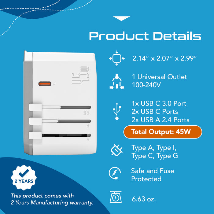 45W 6 in 1 Universal Travel Adapter - 2 USB-A + 3 USB-C - Max. 45W (9A) - White (UP-45KU-WH)