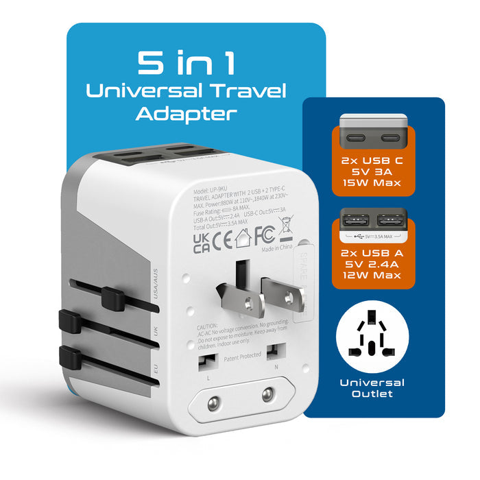 5 in 1 Universal Travel Adapter - 2 USB-A + USB-C - Max. 17.5W (3.5A) - White (UP-9KU)