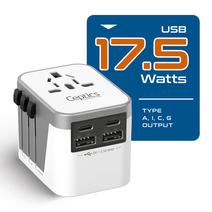 5 in 1 Universal Travel Adapter - 2 USB-A + USB-C - Max. 17.5W (3.5A) - White (UP-9KU)