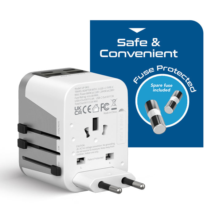 5 in 1 Universal Travel Adapter - 2 USB-A + USB-C - Max. 17.5W (3.5A) - White (UP-9KU)