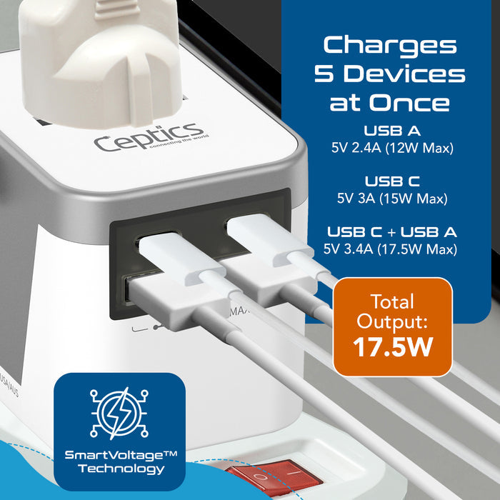 5 in 1 Universal Travel Adapter - 2 USB-A + USB-C - Max. 17.5W (3.5A) - White (UP-9KU)