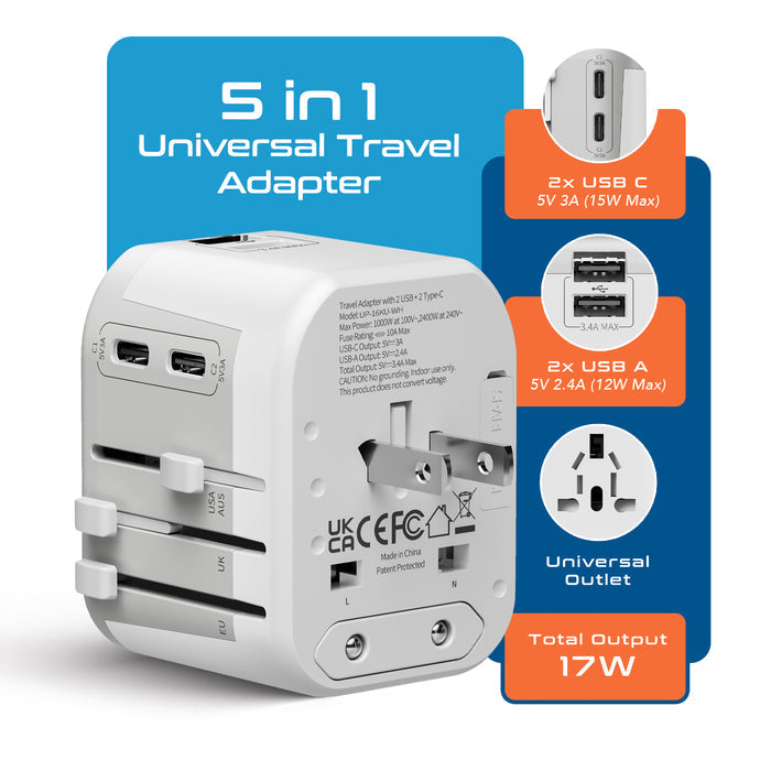 5 in 1 Universal Travel Adapter - 2 USB-A + USB-C - Max. 17W (3.4A) - White (UP-16KU-WH)