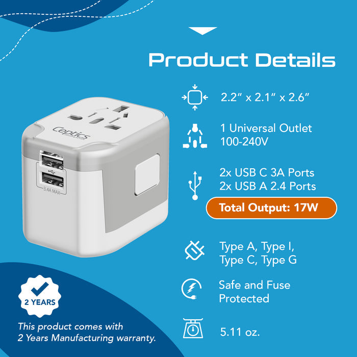 5 in 1 Universal Travel Adapter - 2 USB-A + USB-C - Max. 17W (3.4A) - White (UP-16KU-WH)
