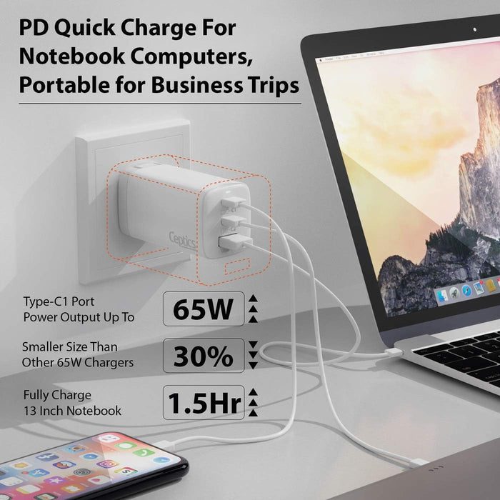 65W USB-C Ultra Compact Charger - Small USB + Dual USB-C - 3 Ports - Fast QC & PD(NAN-65)