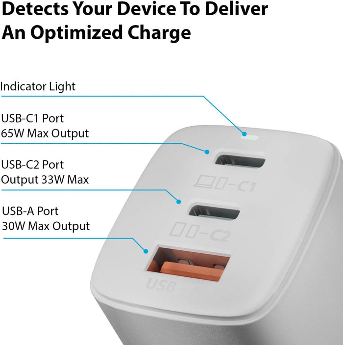 65W USB-C Ultra Compact Charger - Small USB + Dual USB-C - 3 Ports - Fast QC & PD(NAN-65)